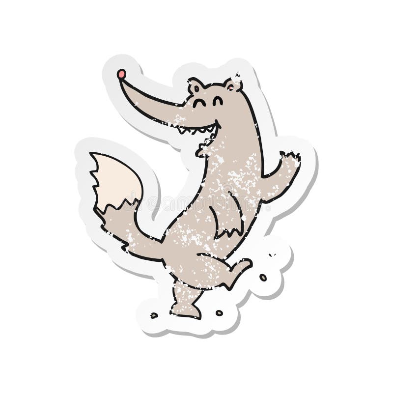 Retro Distressed Sticker of a Cartoon Happy Wolf Dancing Stock Vector