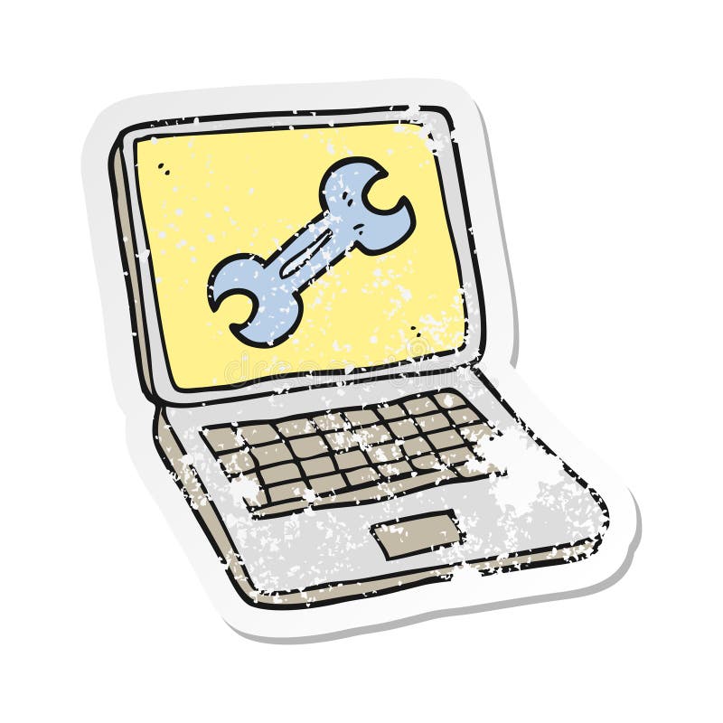 Retro Distressed Sticker of a Cartoon Laptop Computer with Fix Screen