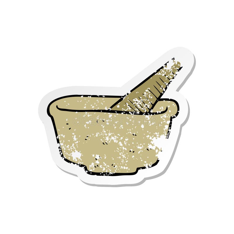 Retro Distressed Sticker of a Cartoon Pestle and Mortar Stock Vector