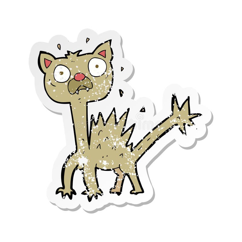 Videos. retro distressed sticker of a cartoon scared cat. 