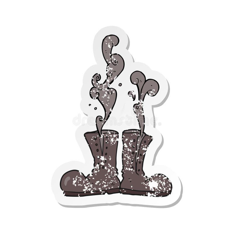 Retro distressed sticker of a cartoon steaming army boots vector illustration