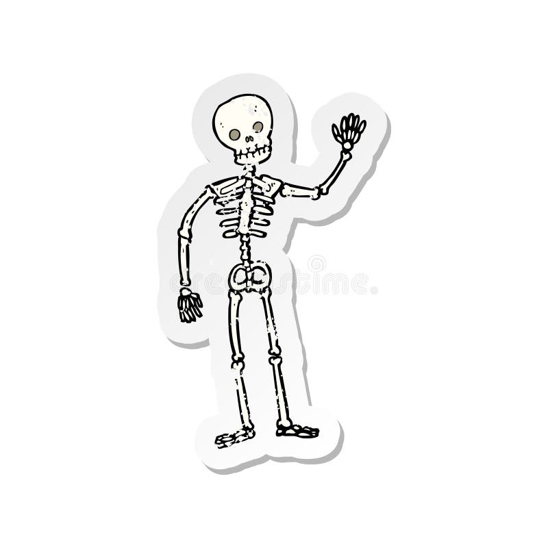 retro distressed sticker of a cartoon waving skeleton