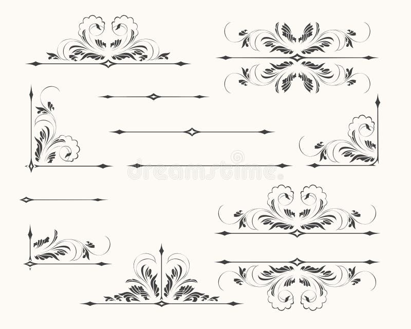 Set of decorative floral elements in vintage style. Dividers Corners and borders. on monochrome background. Set of decorative floral elements in vintage style. Dividers Corners and borders. on monochrome background.