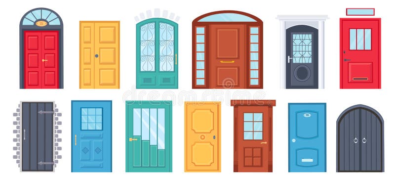 Retro doors. Cartoon front doorway exterior with brick wall. House or office entrance with glass. Wooden door design