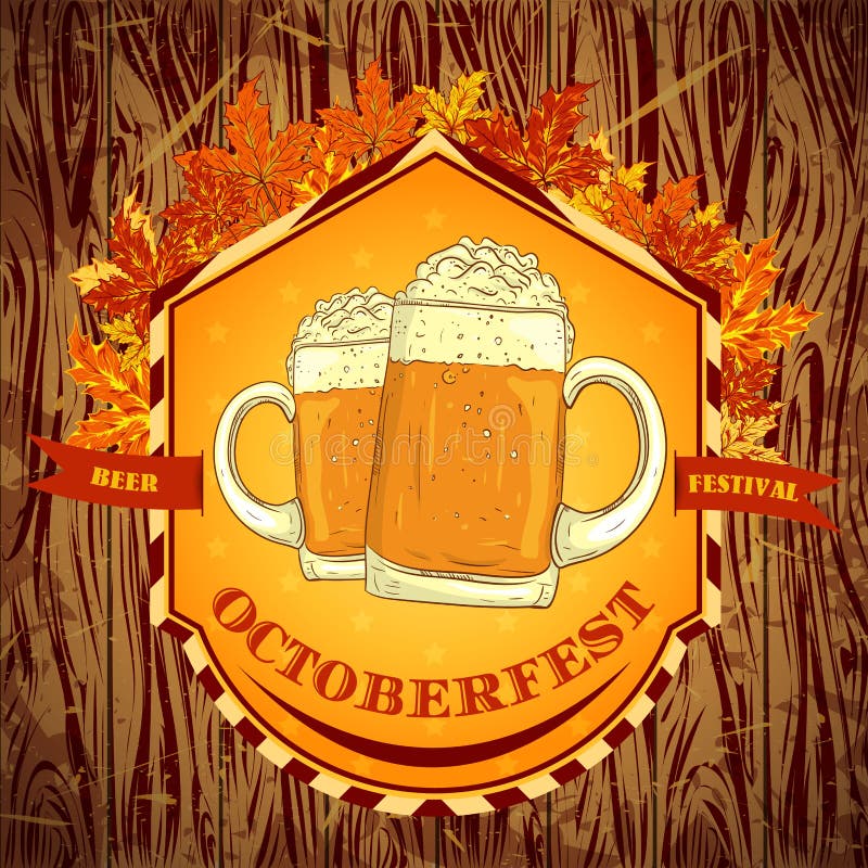 Retro emblema disegnato con i vetri di birra, delle foglie di autunno e del festival Oktoberfest della birra del testo su fondo d illustrazione di stock Retro emblema disegnato con i vetri di birra, delle foglie di autunno e del festival Oktoberfest della birra del testo su fondo d illustrazione di stock
