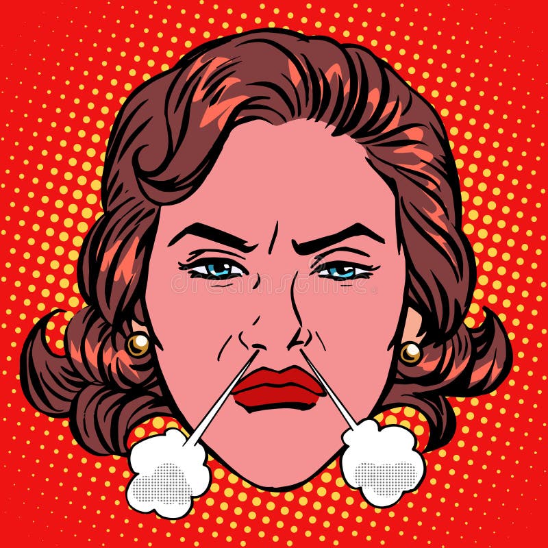 Retro Emoji-kokend de vrouwengezicht van de woedewoede