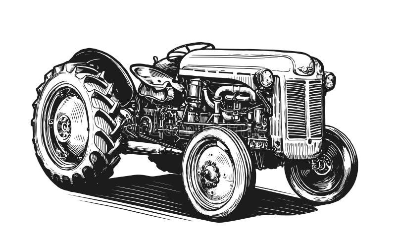 Retro farm agricultural tractor, sketch. Hand drawn vintage vector illustration