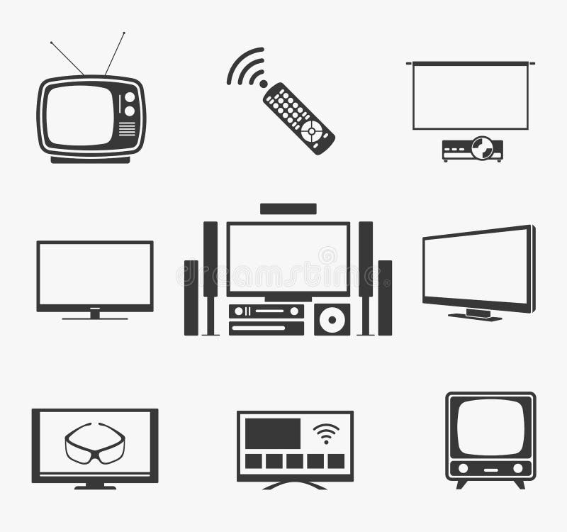 Retro- Fernsehflachbildschirm, Heimkino und intelligente Ikonen vektor abbildung Retro- Fernsehflachbildschirm, Heimkino und intelligente Ikonen vektor abbildung
