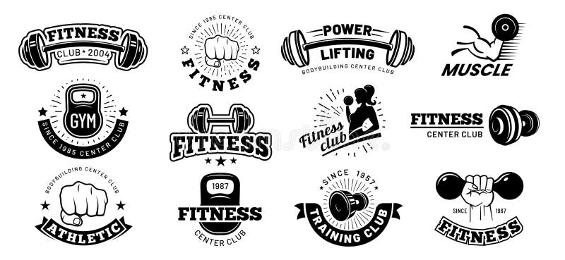 Retro fitness badges. Gym emblem, sport label and black stencil bodybuilding badge vector set