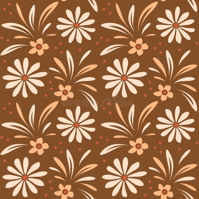Retro floral seamless vector pattern with beige daisies and leaves on brown background stock illustration