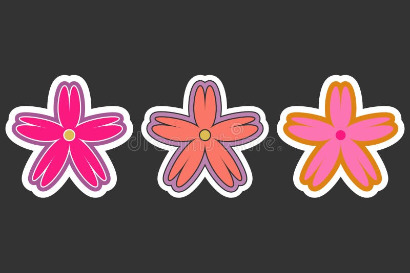 Retro floral stickers. Set of isolated 5 petels flower illustrations in cartoon geometrical style, in pink lilac color