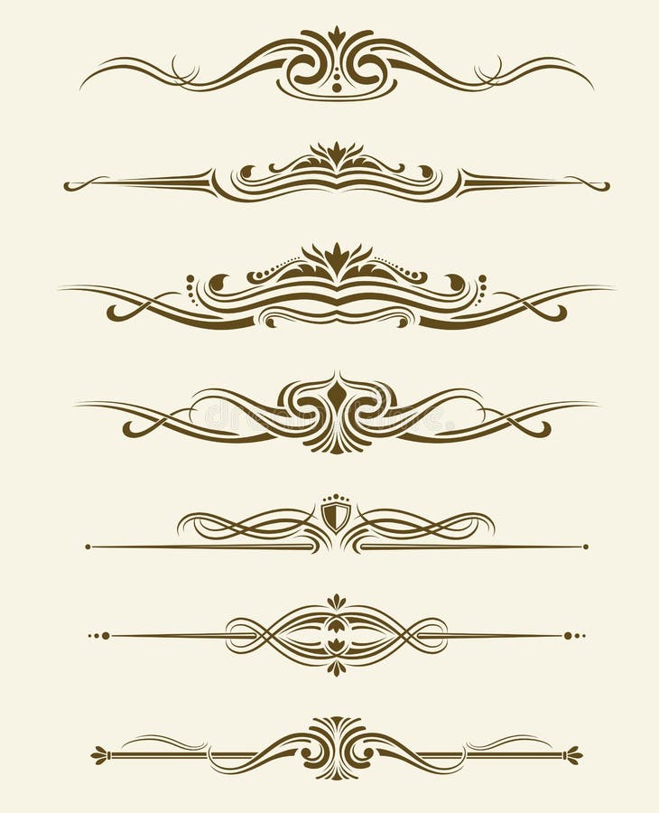 Retro Flourishes Page Dividers, Decorative Ornament Borders. Vector Calligraphic Elements Stock
