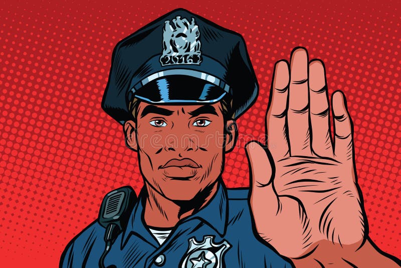 Retro police officer stop gesture, pop art retro vector illustration. Law and order. African American people. Close-up. Retro police officer stop gesture, pop art retro vector illustration. Law and order. African American people. Close-up