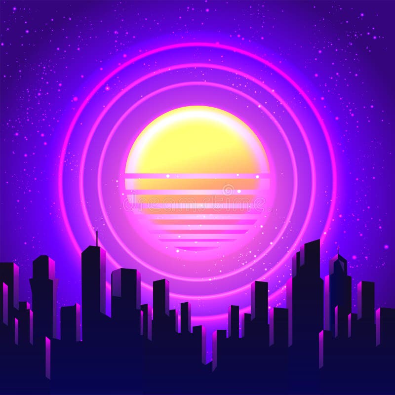 Vector futuristic synth wave illustration. 80s Retro poster Background with Night City Skyline. Rave party Flyer design template royalty free illustration Vector futuristic synth wave illustration. 80s Retro poster Background with Night City Skyline. Rave party Flyer design template royalty free illustration