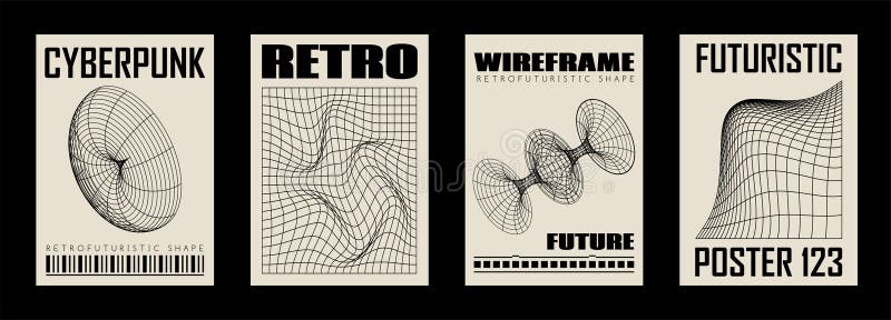 Retro futuristic abstract geometric y2k posters, wall art, t-shirt prints, banners. Wireframe 3d shapes royalty free stock photos
