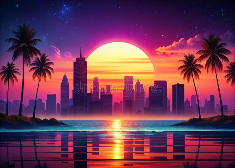 Retro Futuristic Beach Sunset A Synthwave Silhouette of a Cityscape Meets the Ocean Waves Evoking 80s Nostalgia and vector illustration