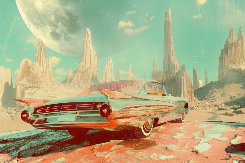 Retro futuristic car in desert with large moon illustration stock photo