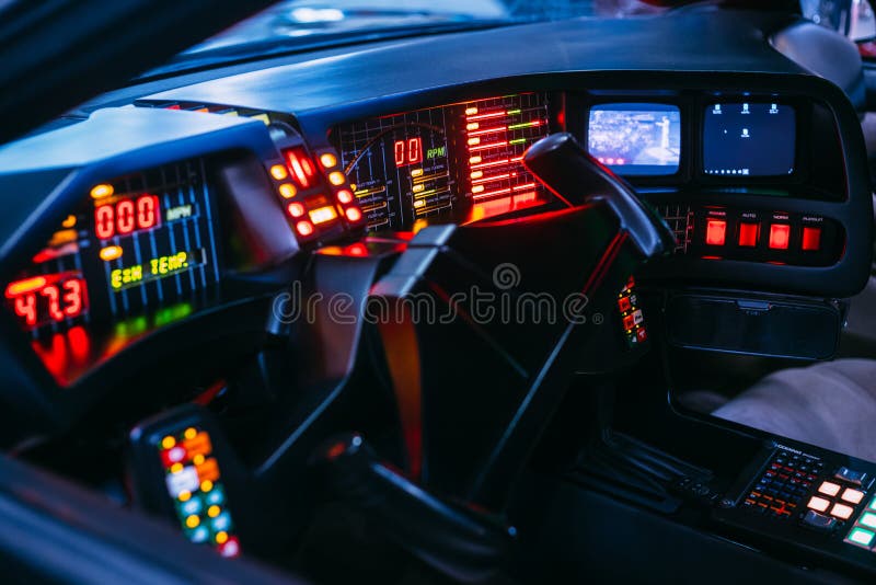Retro futuristic design concept from 80s of a future car interior with colorful lights and variou stock image