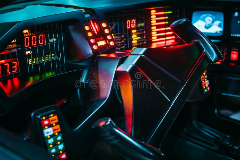 Retro futuristic design concept from 80s of future car interior stock photography