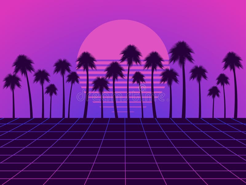 Futuristic Palm Tree And Sun Seamless Pattern. Synthwave Retro ...