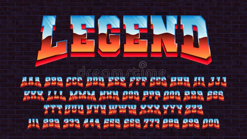 Retro futuristic latin font, vector alphabet 80 x three types of tracing of one symbol, letters and numbers with a metallic effect vector illustration