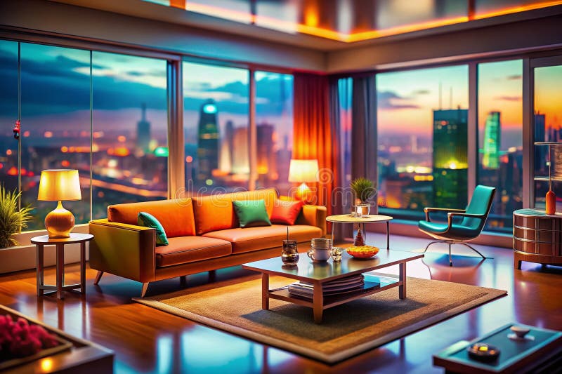A Retro Futuristic Living Room Transforms into a TiltShift Miniature Cityscape Explore the Intricate Details of this royalty free illustration