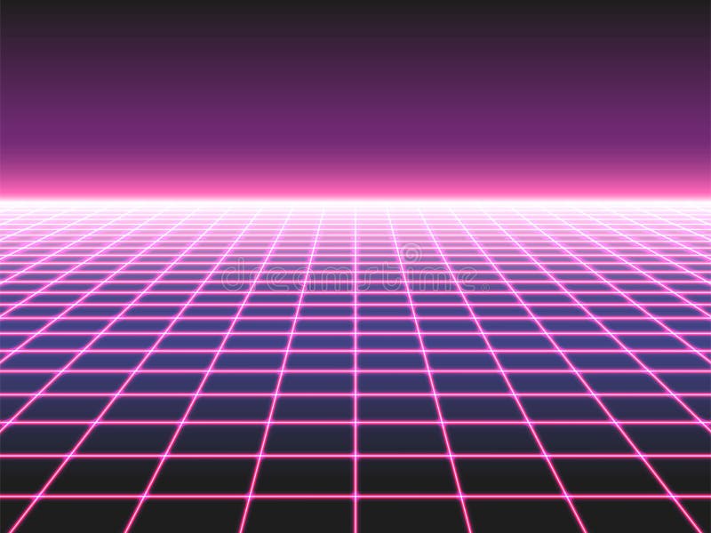 Retro futuristic neon grid background, 80s design perspective distorted plane landscape composed of crossed neon lights or laser royalty free illustration