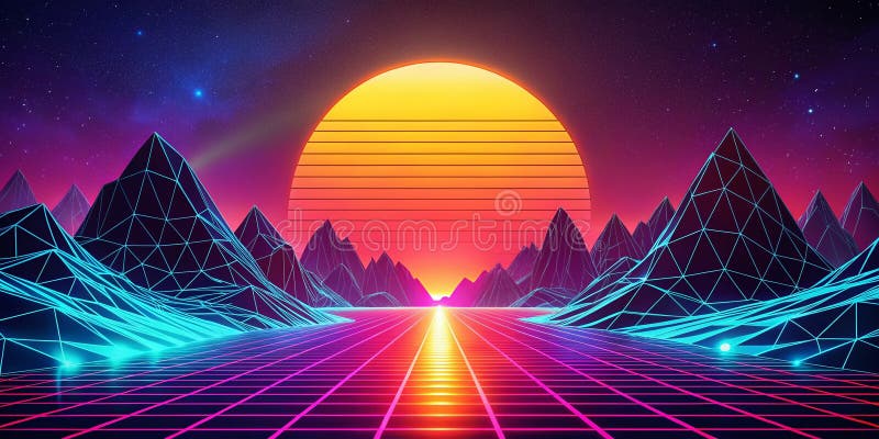Retro Futuristic Neon Landscape A Vibrant Synthwave Sunset Background for Your Design Projects Experience the vector illustration