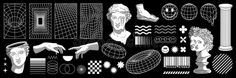 Retro futuristic set. Modern sculpture, surreal geometric shape, wireframe, techno element and grid. royalty free illustration