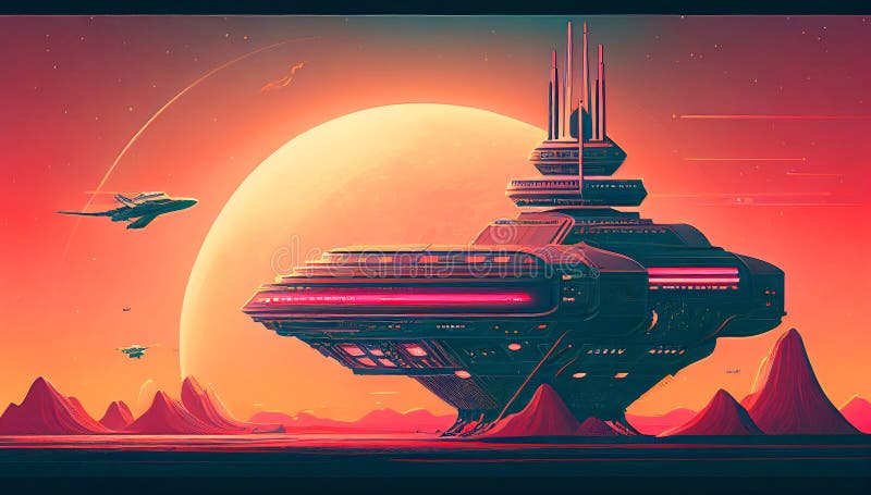 Retro-Futuristic Spacecraft: A Neon Synthwave Spacecraft illustration. Nostalgia. royalty free illustration