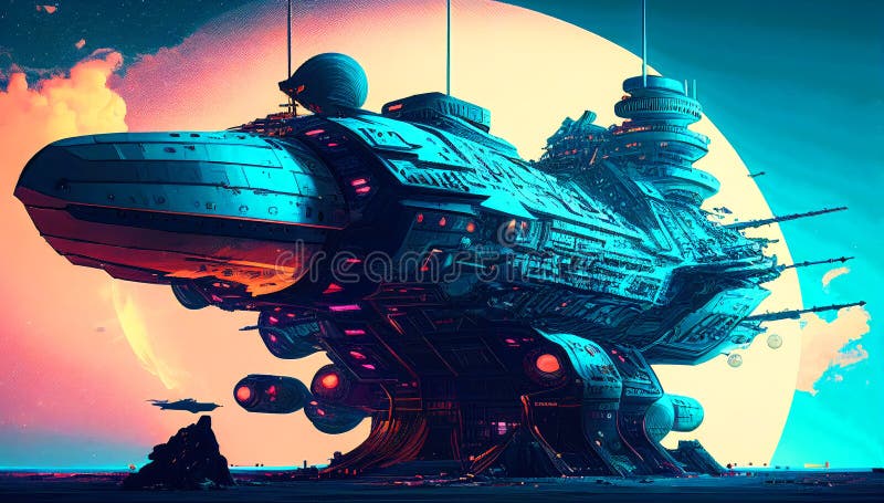 Retro-Futuristic Spacecraft: A Neon Synthwave Spacecraft illustration. Nostalgia. vector illustration