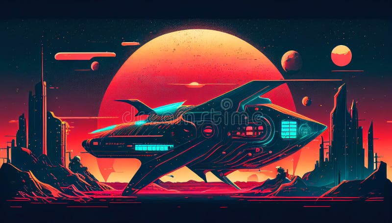Retro-Futuristic Spacecraft: A Neon Synthwave Spacecraft illustration. Nostalgia. stock illustration