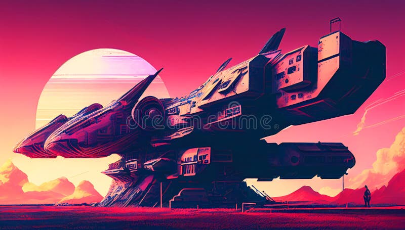 Retro-Futuristic Spacecraft: A Neon Synthwave Spacecraft illustration. Nostalgia. vector illustration