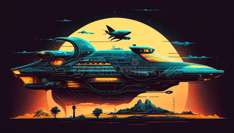 Retro-Futuristic Spacecraft: A Neon Synthwave Spacecraft illustration. Nostalgia. royalty free illustration