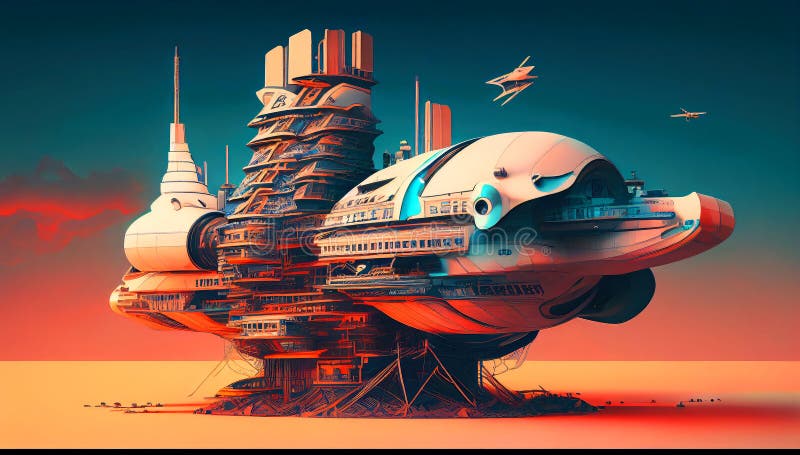 Retro-Futuristic Spacecraft: A Neon Synthwave Spacecraft illustration. Nostalgia. stock illustration