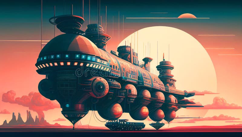 Retro-Futuristic Spacecraft: A Neon Synthwave Spacecraft illustration. Nostalgia. royalty free illustration