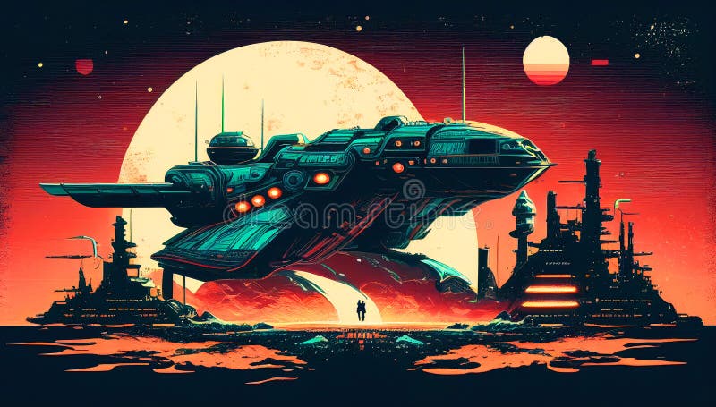 Retro-Futuristic Spacecraft: A Neon Synthwave Spacecraft illustration. Nostalgia. royalty free illustration
