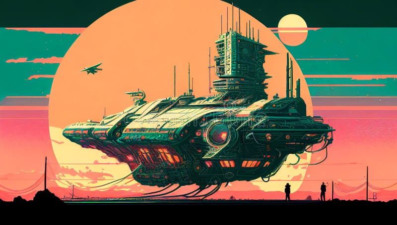 Retro-Futuristic Spacecraft: A Neon Synthwave Spacecraft illustration. Nostalgia. royalty free illustration