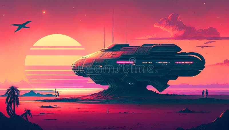 Retro-Futuristic Spacecraft: A Neon Synthwave Spacecraft illustration. Nostalgia. royalty free illustration