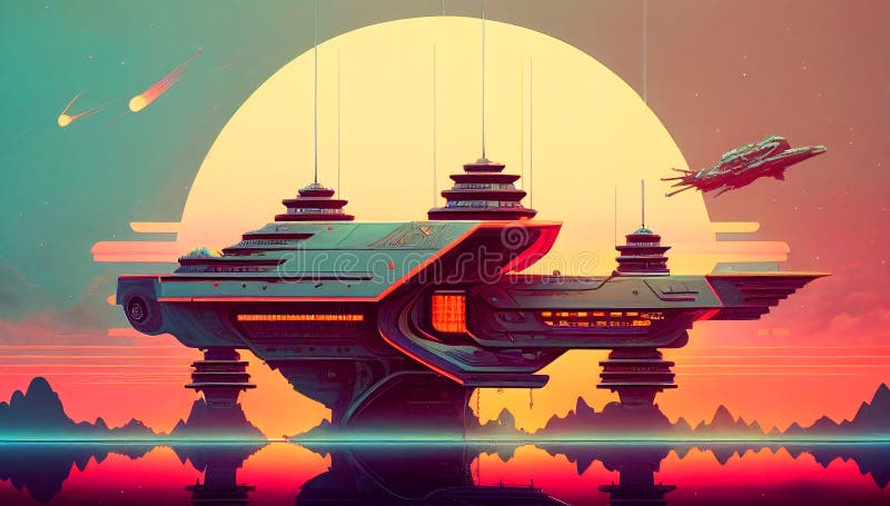 Retro-Futuristic Spacecraft: A Neon Synthwave Spacecraft illustration. Nostalgia. stock illustration