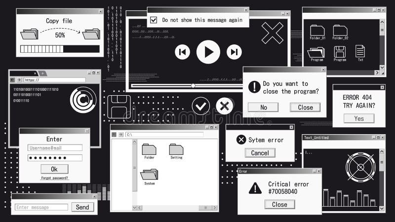 Retro futuristic system. Computer interface with web browser, file manager, pop-up error message. Vector old desktop PC royalty free illustration