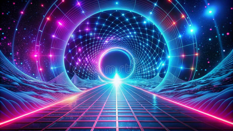 Retro futuristische Neon Highway führt zu einem leuchtenden Portal im Weltraum. Generative AI lizenzfreie abbildung