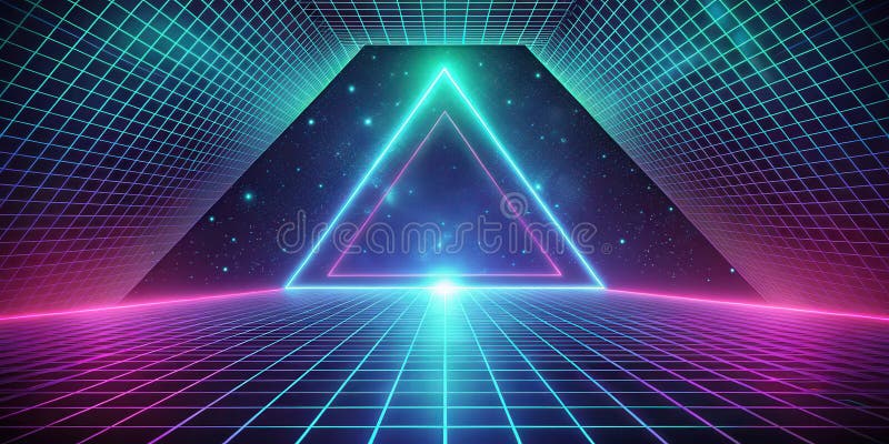 Retro futuristische Rasterlandschaft mit neonem Dreieck Portal und Sternenhimmel Hintergrund. Generative AI lizenzfreie abbildung