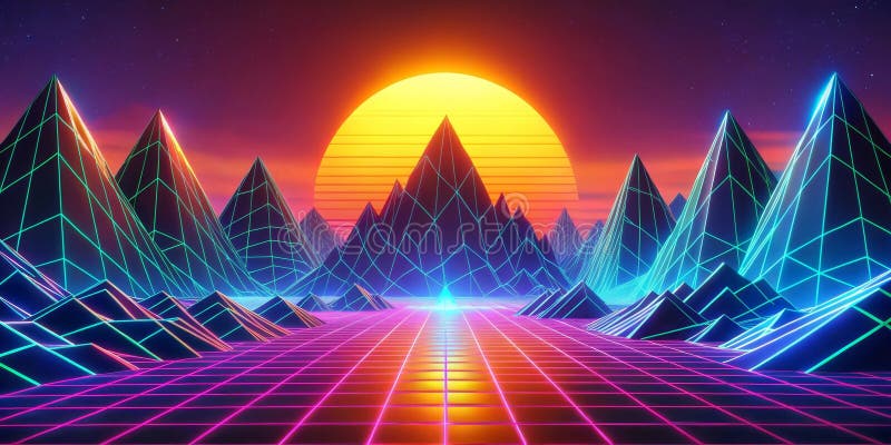 Retro futuristische Synthwave Landschaft mit Neonbergen und Gitter. Generative AI vektor abbildung
