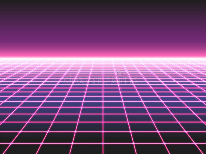 Retro- futuristischer Neongitterhintergrund, Perspektive des Entwurfs 80s verzerrte die flache Landschaft, die aus gekreuzten Neo