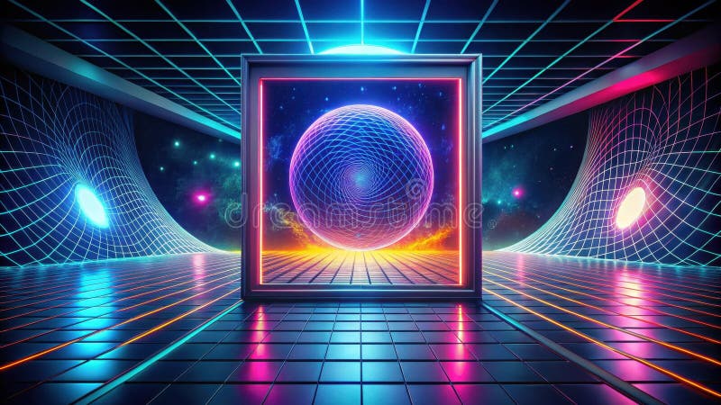 Retro futuristisches Portal zeigt eine drahtgebundene Kugel in einem Neonbeleuchteten Raum. Generative AI stock abbildung