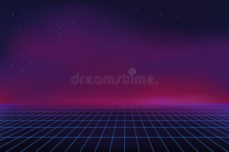 Retro Game Background. Digital Waves. Abstract Future Landscape. 3D Virtual Purple Grid. Line 