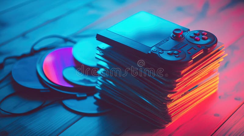Retro gaming console atop stack of games and CDs under vibrant lighting