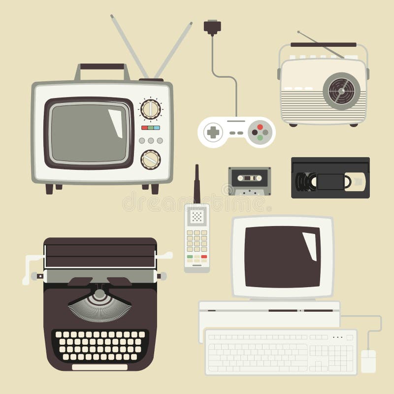 Retro devices collection of tv, radio, gamepad, audio cassette, mobile phone, typewriter and pc. Retro devices collection of tv, radio, gamepad, audio cassette, mobile phone, typewriter and pc