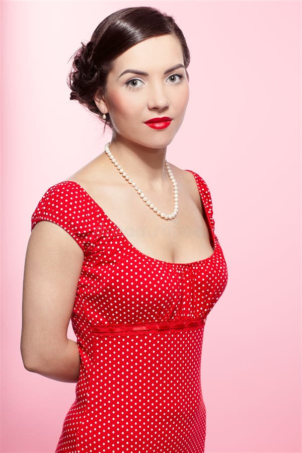 Retro girl stock photo. Image of pink, pearls, high, polka 13966522